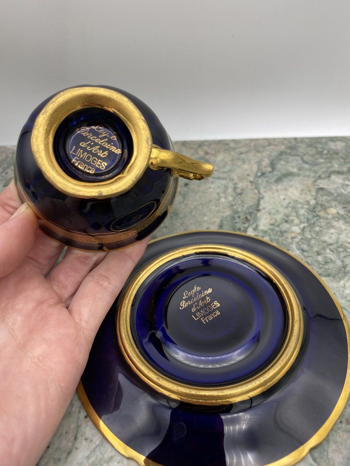 Legle Porcelaine d'Art Limoges French Cobalt + Gilt Demitasse Teacup + Saucer 7