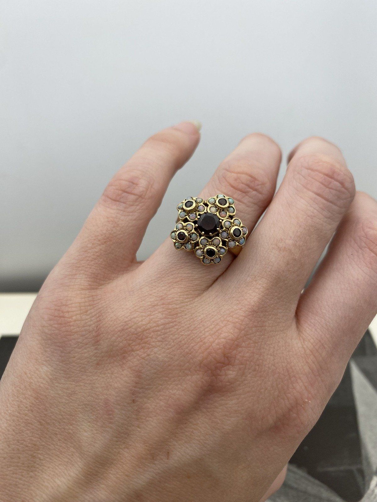 Vintage c.1940s/50s 10k Gold Micro Opal Florette + Garnet Cluster Ring 9