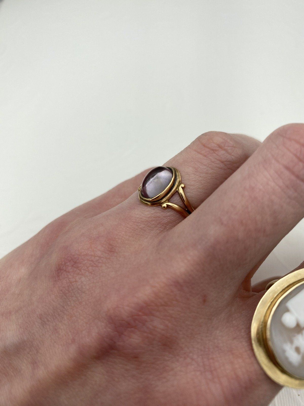 Antique Victorian 14k Rose Gold Faintly Amethyst Bezel Cab Cut Ring w Spilt Shoulders 8
