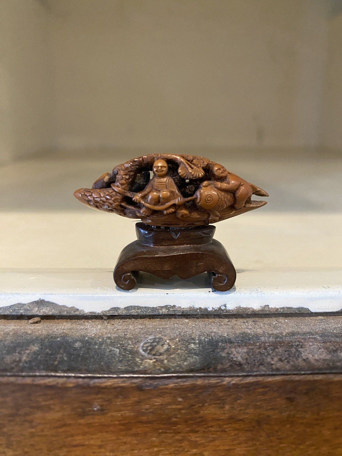 Hand Carved Chinese Olive Pit of Fauna Fishermen + Foliage & Koi