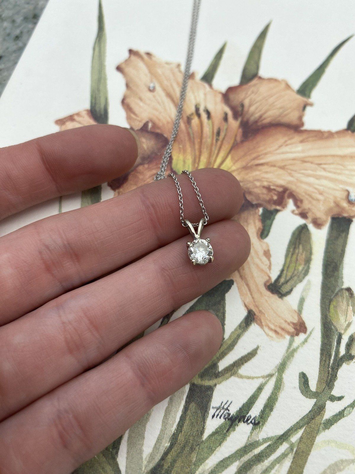 Firey Vintage 14k White Gold Natural .65ct Round Cut Solitaire Diamond Drop Necklace w Sturdy Cable Chain 16L 19