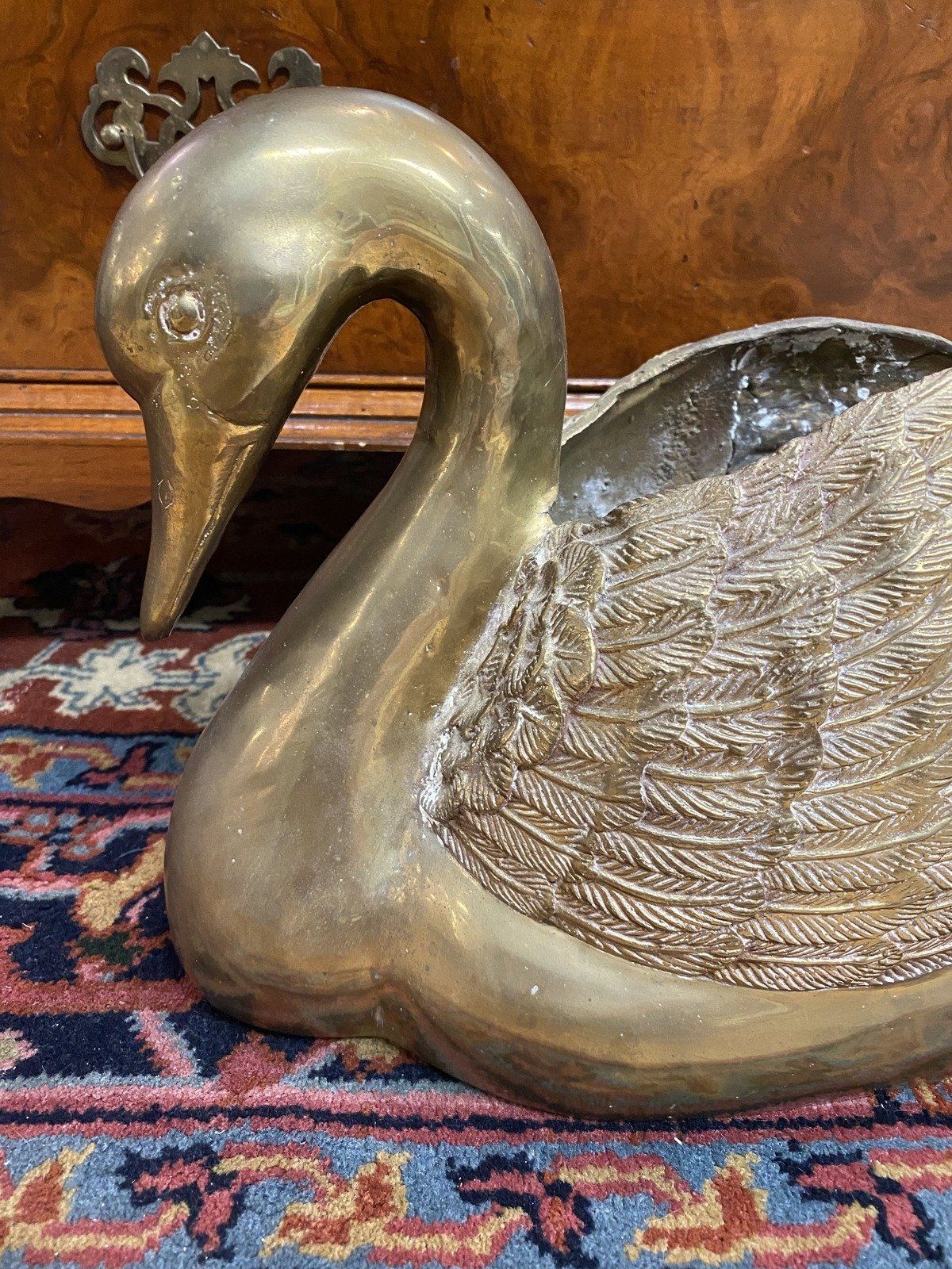 Vintage Large HEAVY Solid Brass Figural Swan Floor Planter 2