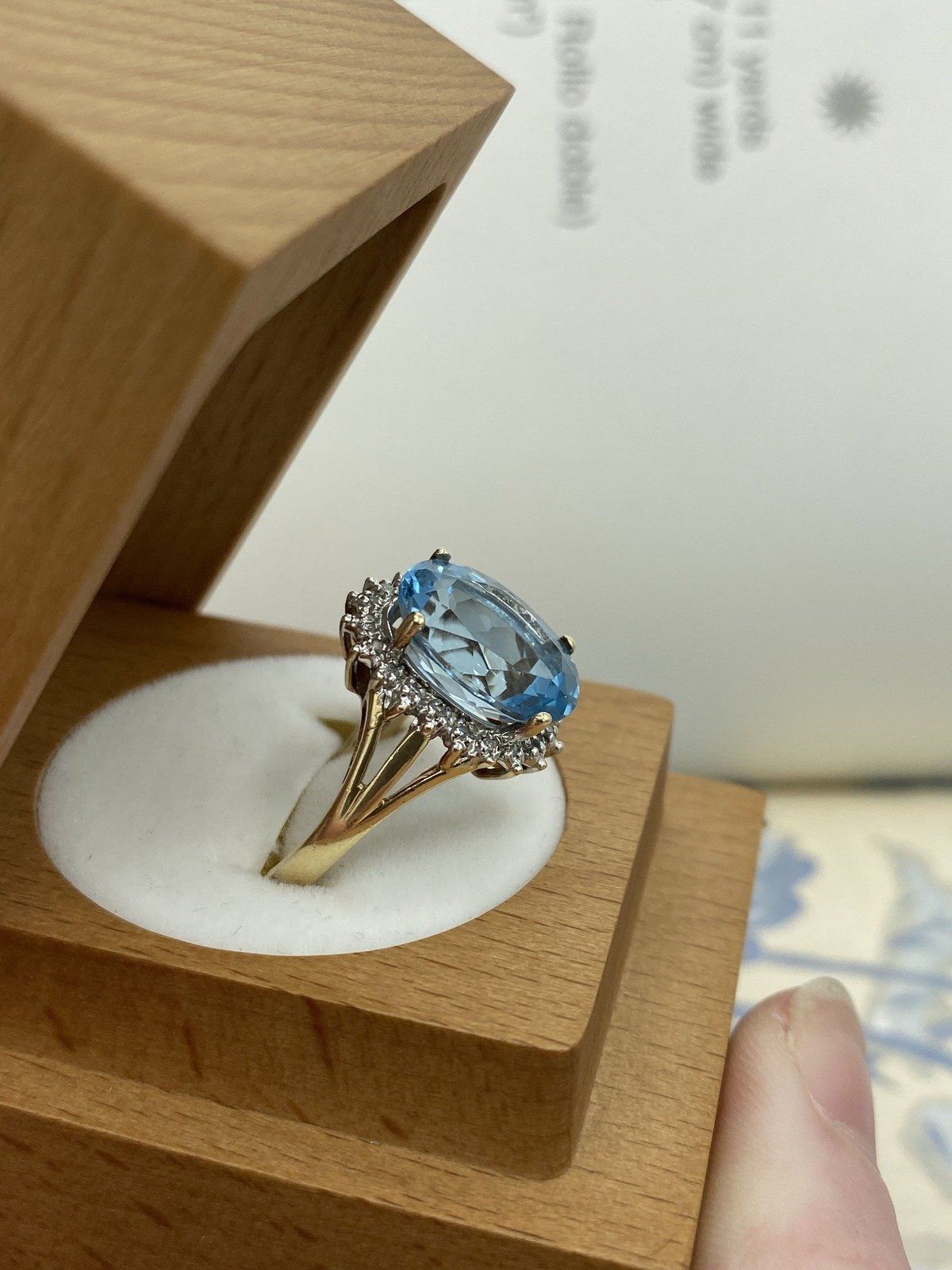 Beautiful 10k Gold Oval Blue Topaz + Diamond Halo Princess Ring 5