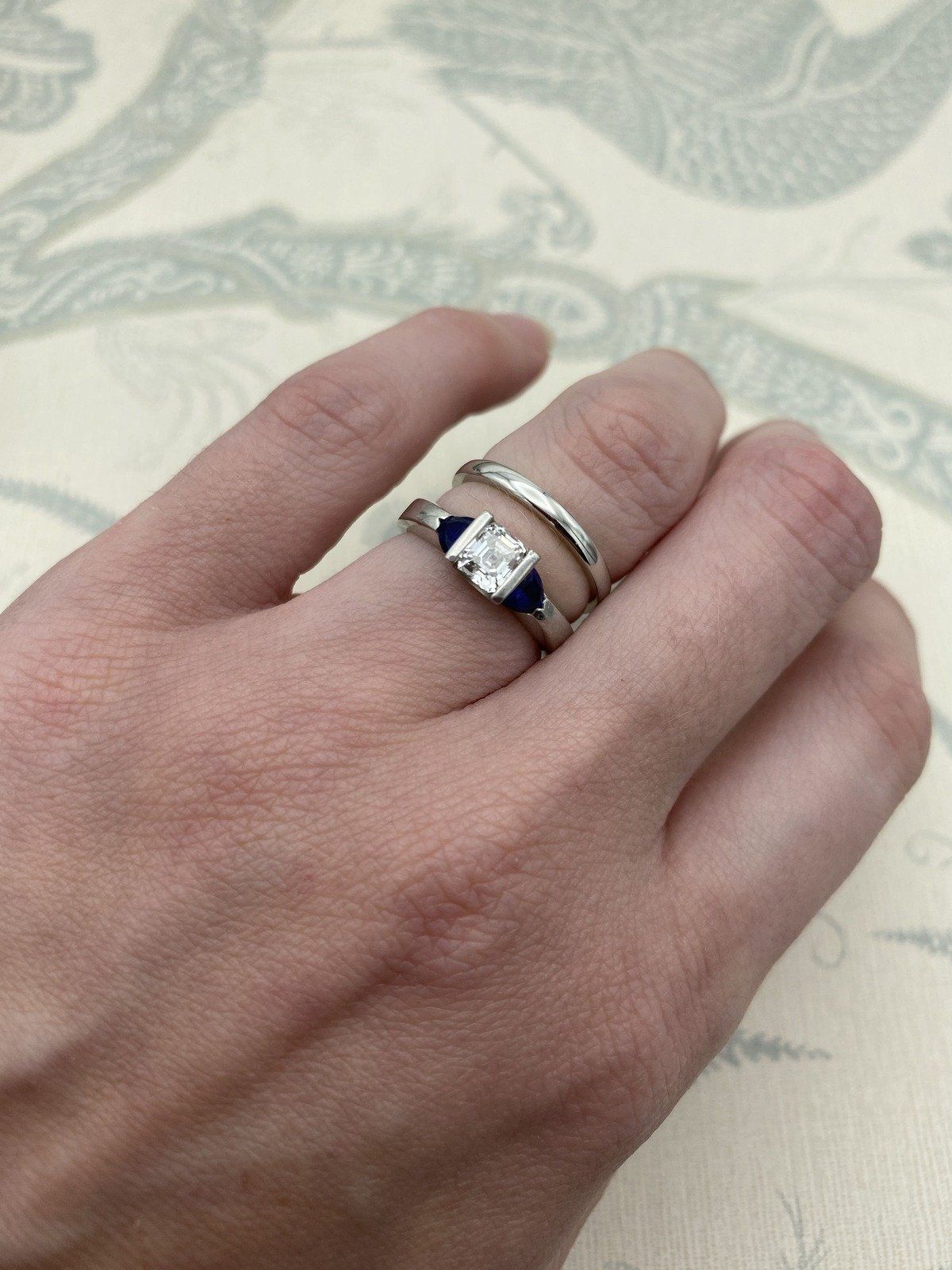 Vintage Platinum .71ct Asscher Cut Diamond Engagement Ring Set w Triangle Cut Sapphire Shoulders w GIA + APPRAISAL 4