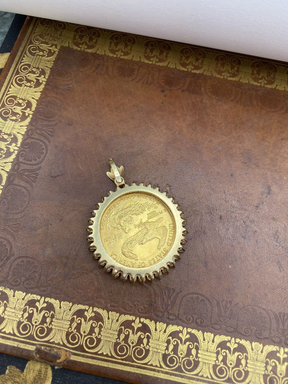 1/2 oz American Gold Eagle Coin Pendant with White Topaz Bezel 14K 2