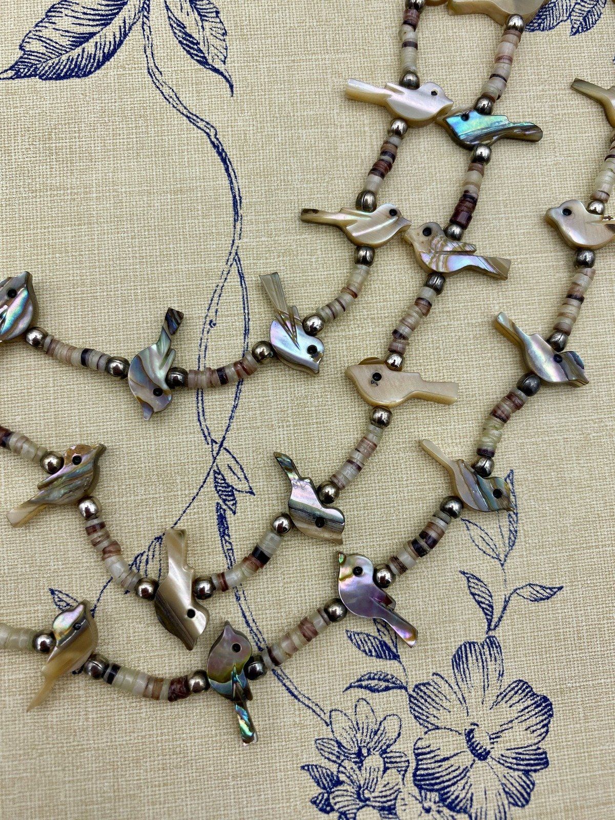 Old Sterling Silver Native American Abalone + Mother of Pearl Bird Fetish Carving Multi Strand Necklace w Horn Accents 5