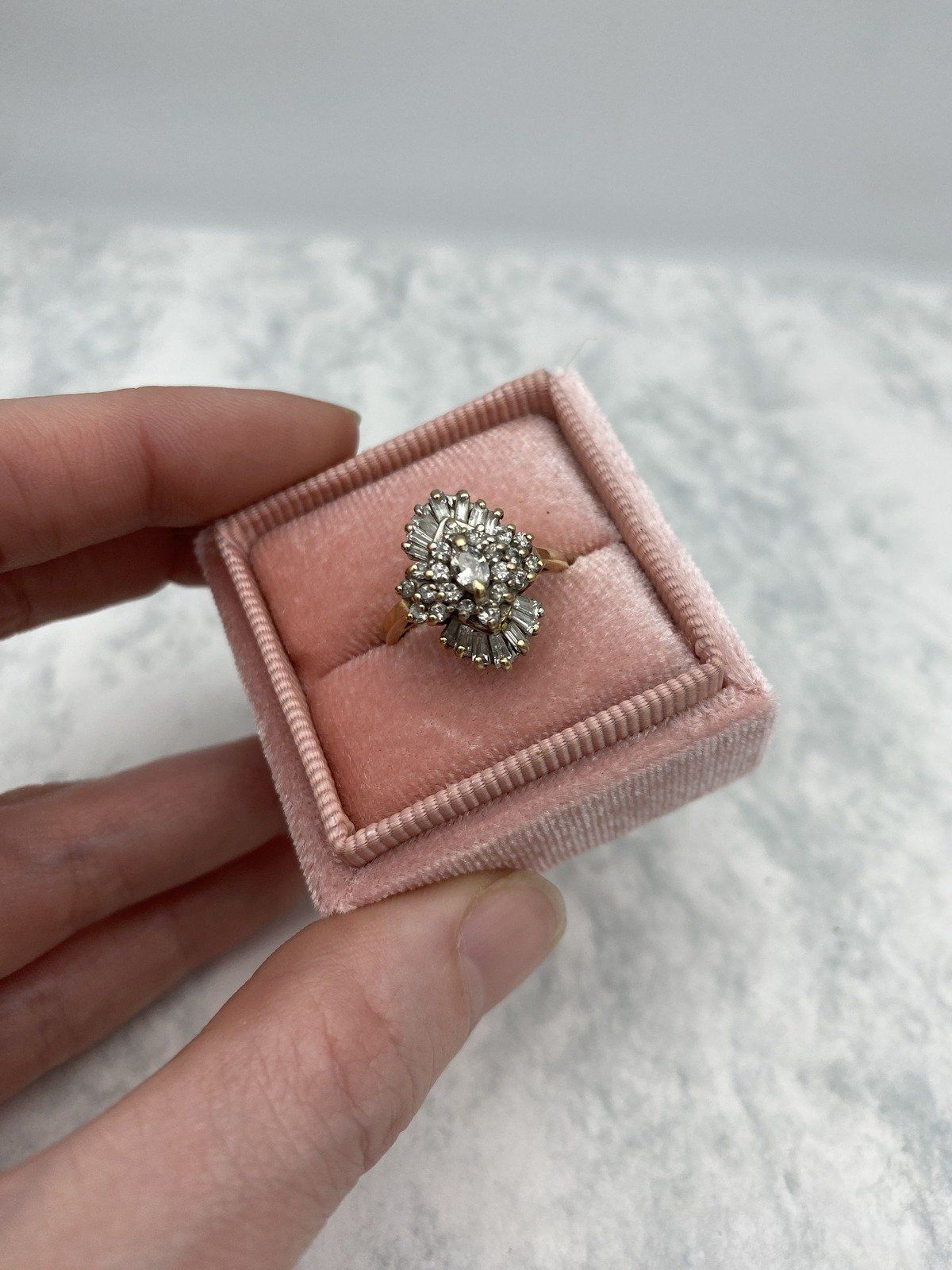 14k Vintage Diamond Spray Cluster Burst Ring w Baguettes + Marquise Center Diamond Ring 5