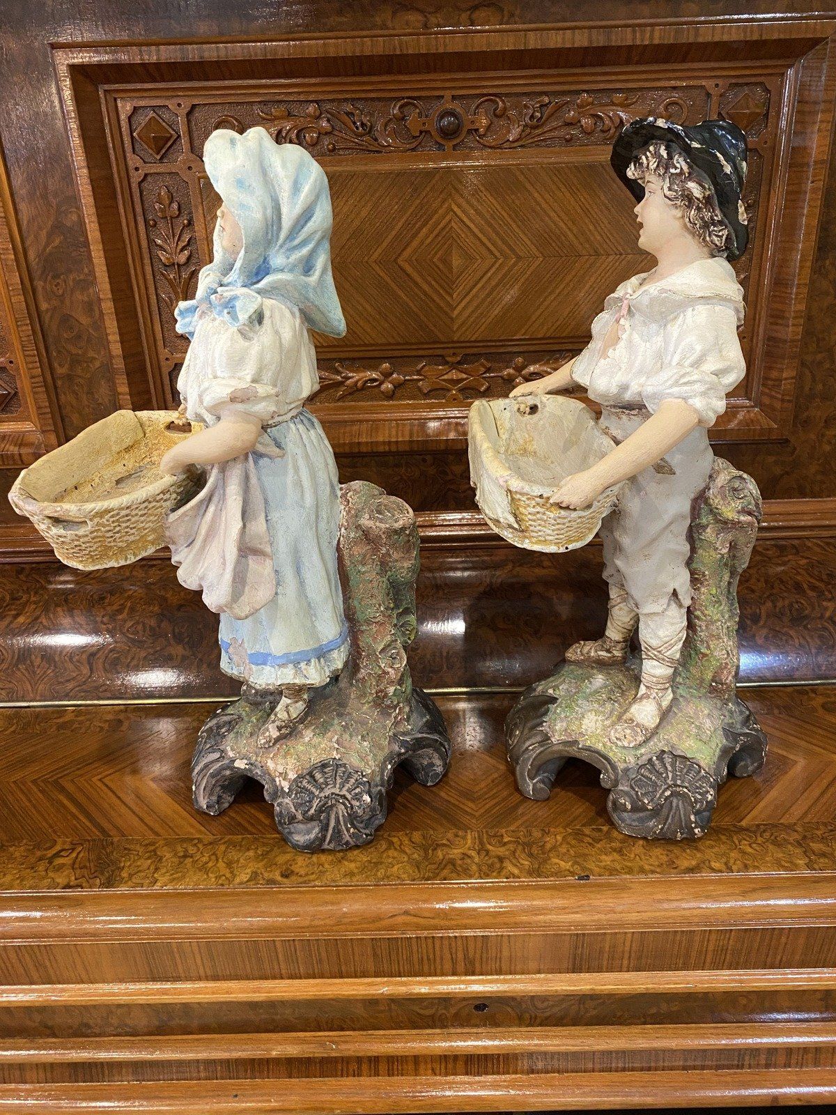 Antique 19th c. Figural Pair of Pottery Sculpture w Wash Bowl Basins 14