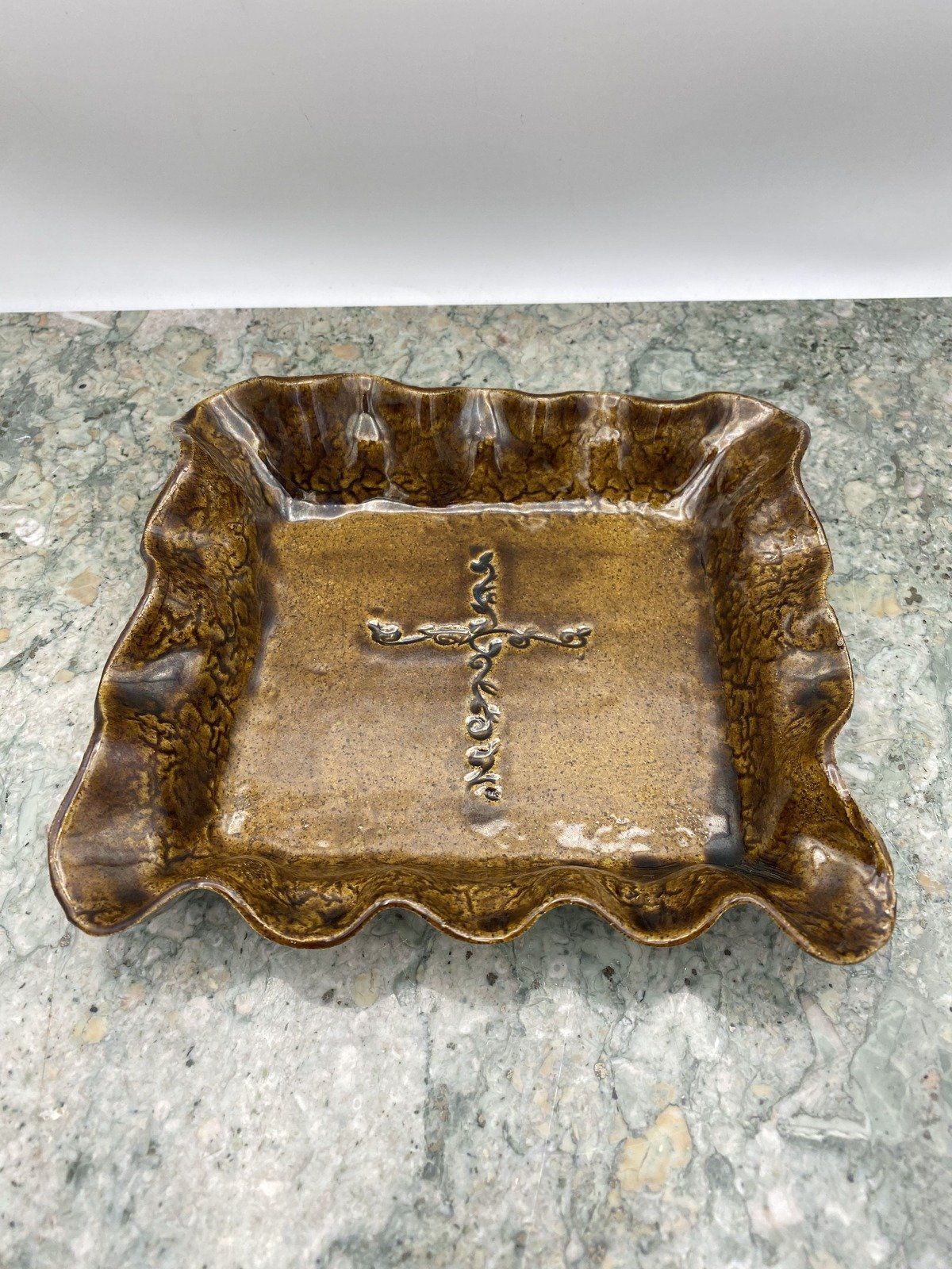 Signed Ceramic Brown Glaze Cross Pottery Dish