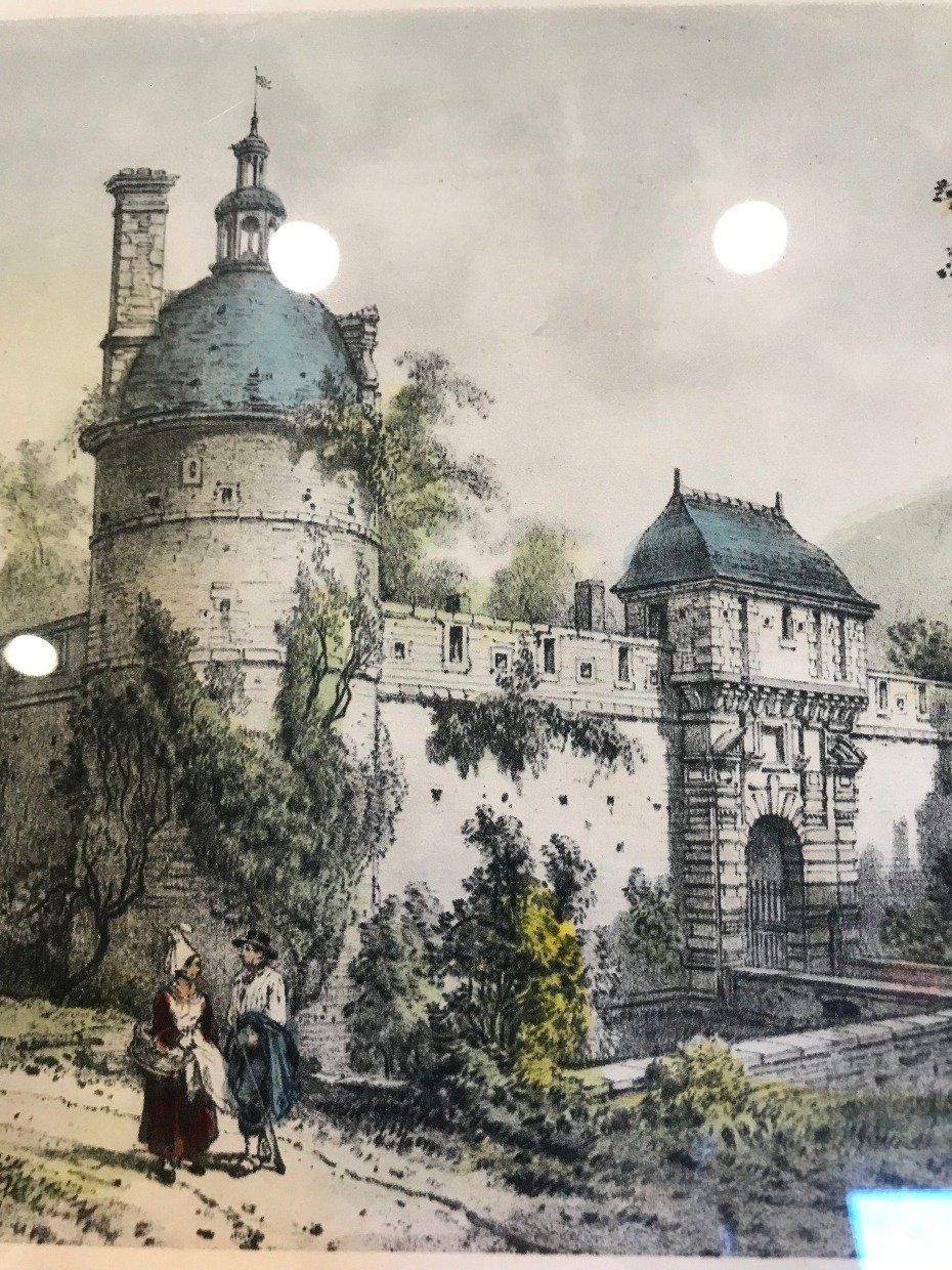 Two Toned Gilt Framed Colored Lithograph Chateau De La Foret-Auvray 2