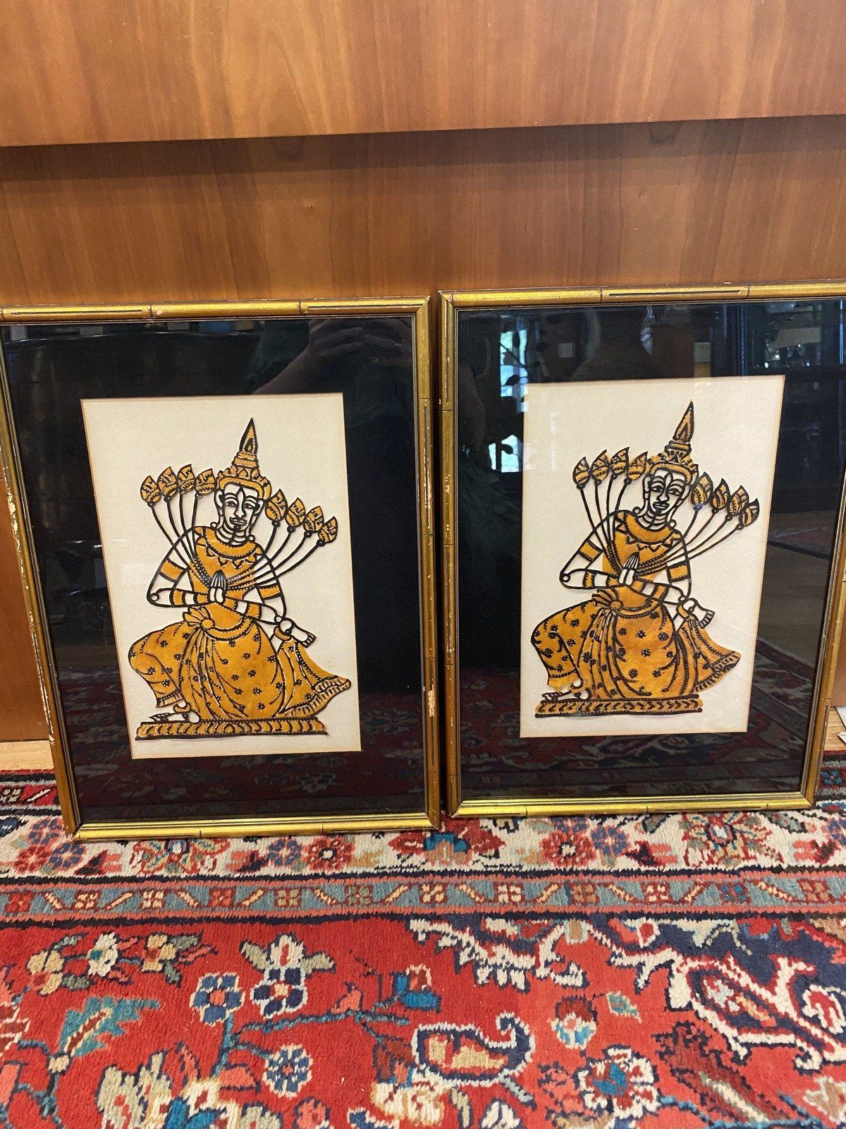 Pair of Thai Painted Leather Figural Dancers w Gilt Bamboo Node Frames 3