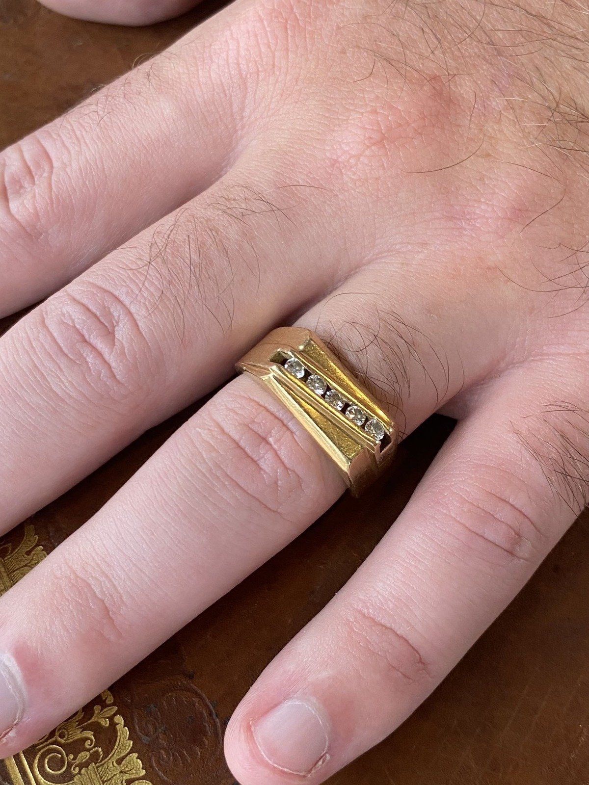 Men's 14k Gold Cubic Diamond Ring Band w Diagonal Channel Setting 8