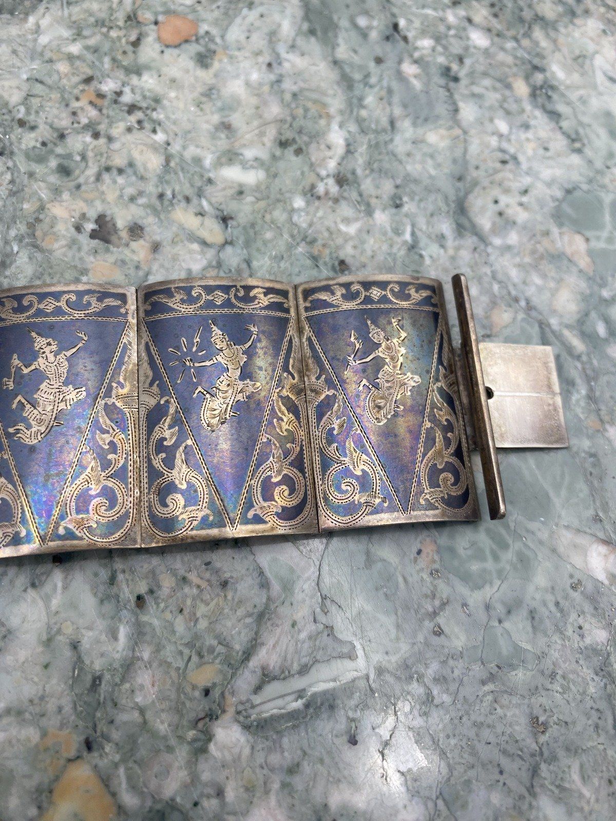 Vintage c.1940s/50s Siam Sterling Silver Book Link Figural Traditional Dancer Articulated Cuff Bracelet 6.5 2