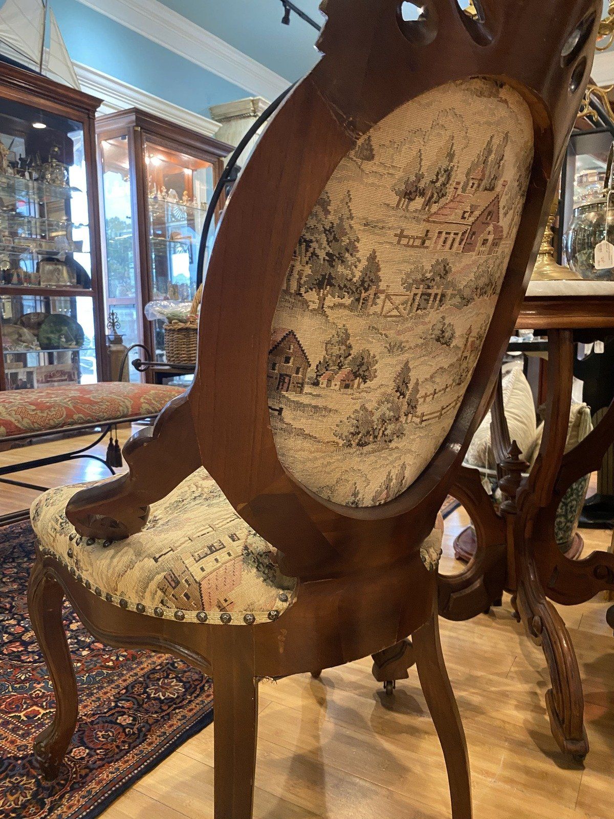 Vintage Classic Needlepoint Farmhouse Motif Side Chair w Carved Details 6