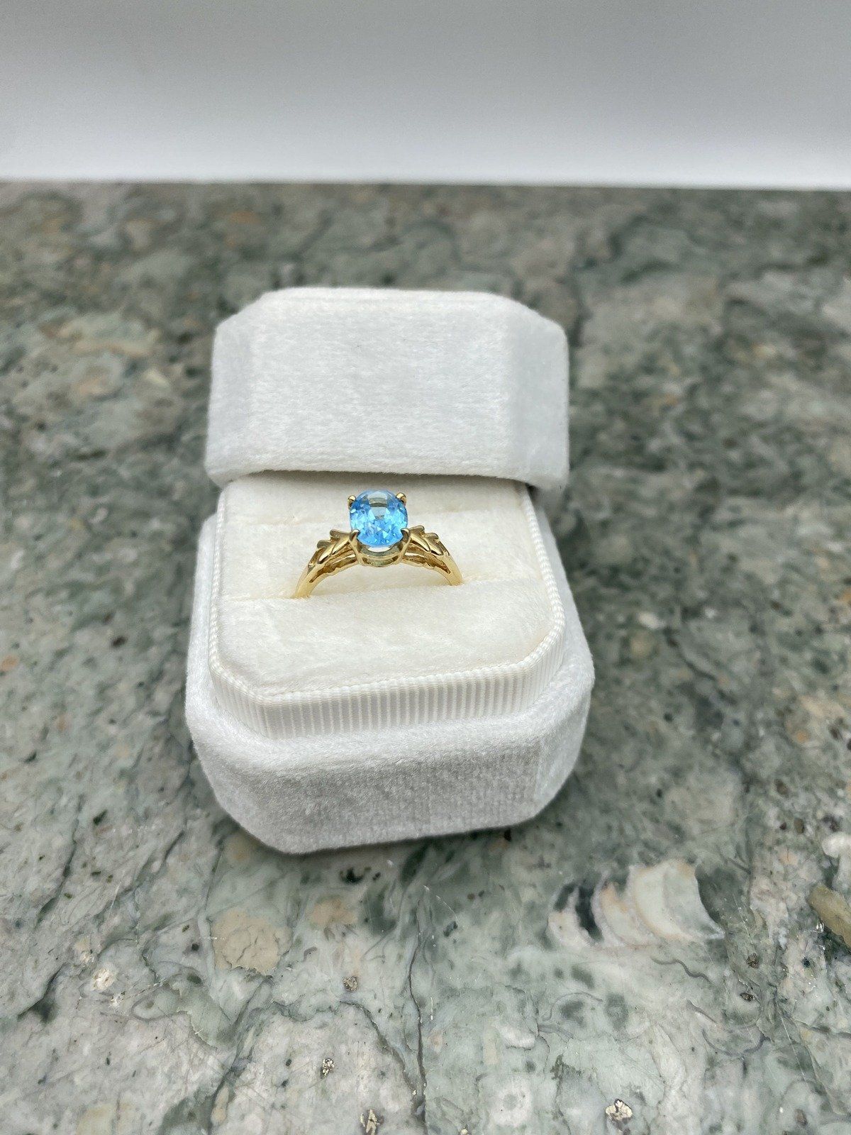 14k Gold Oval Cut Blue Topaz Solitaire Ring w Angular Shoulder Detail 2
