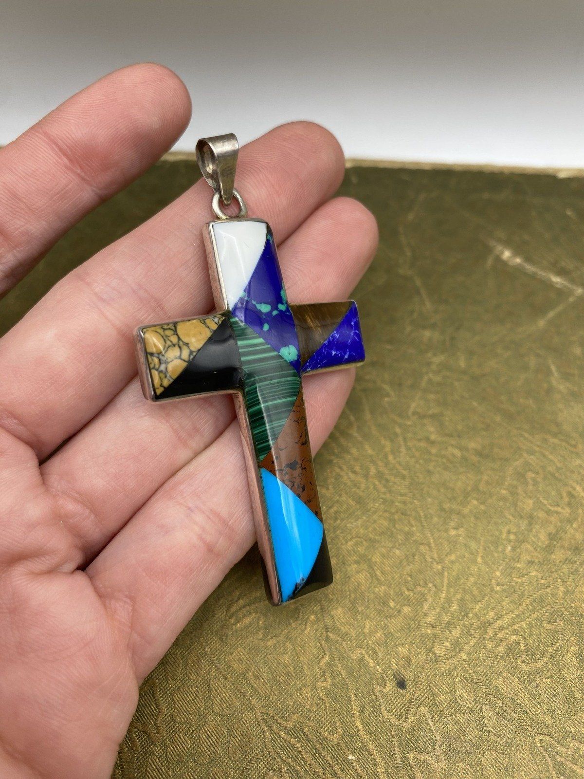 Large Sterling Silver Mexico Natural Gemstone Inlaid Sleek Cross Pendant 5