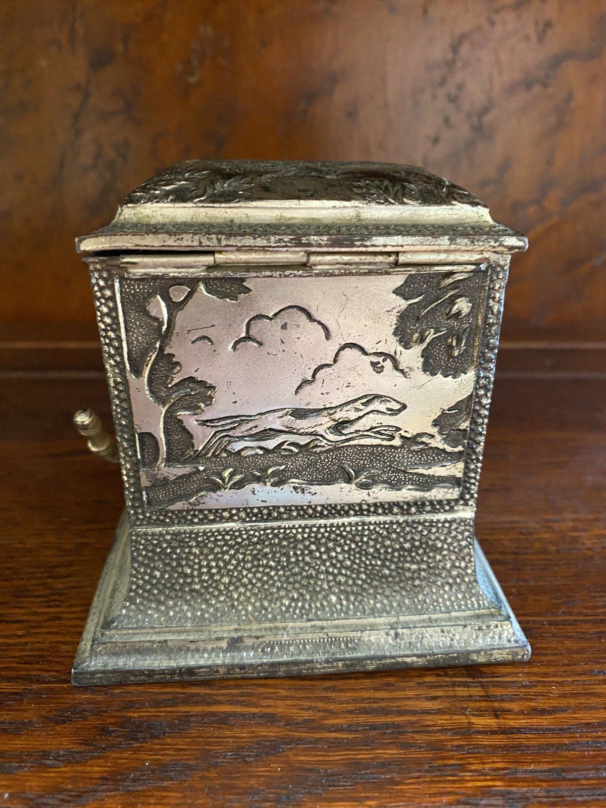 Antique c.1910/20s Silver Plated Functional Cigarette Dispenser w Hunter's Motif + Fauna Etching 5