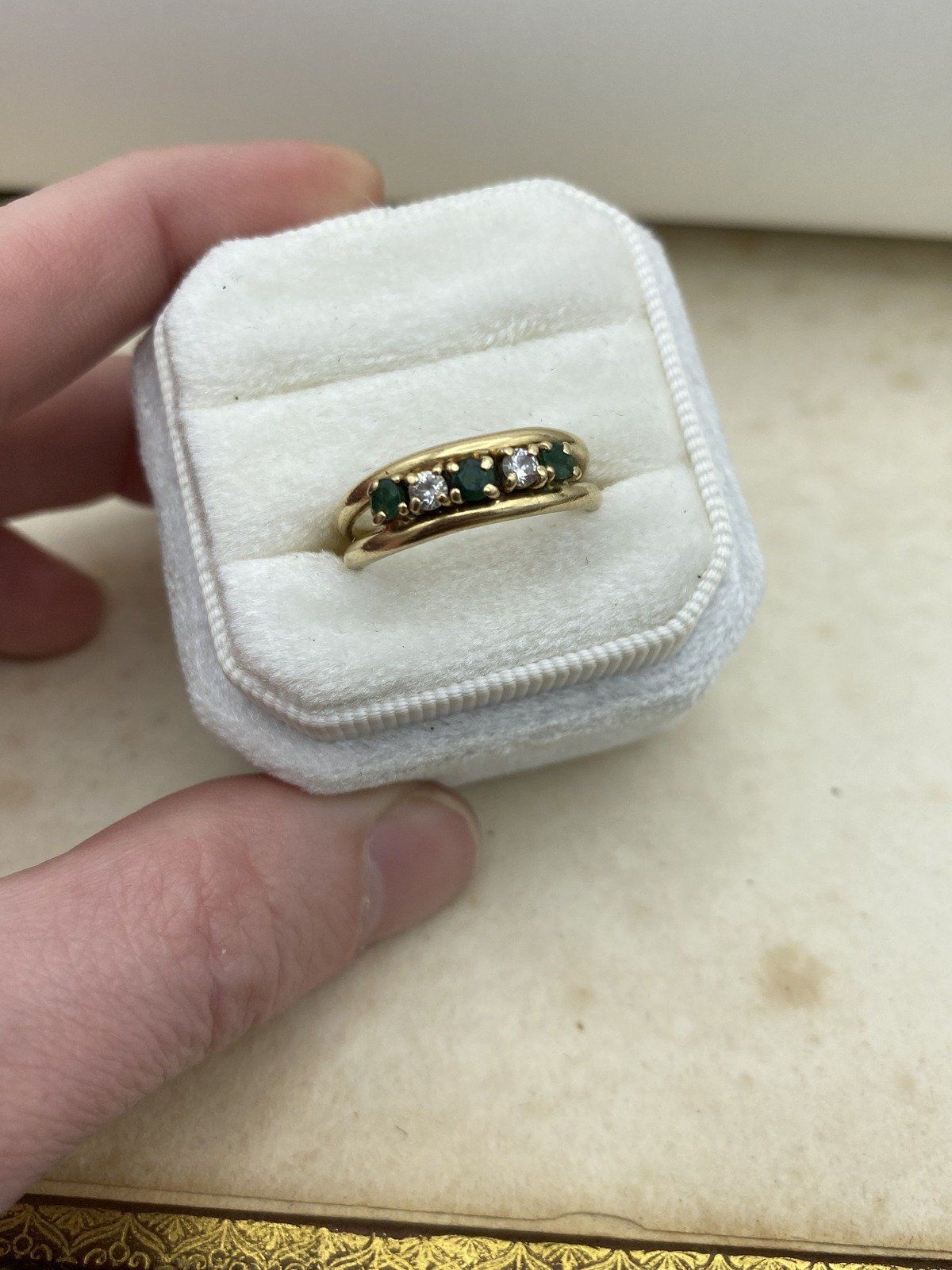 Vintage 14k Gold Double Band Emerald + Diamond Ring 3