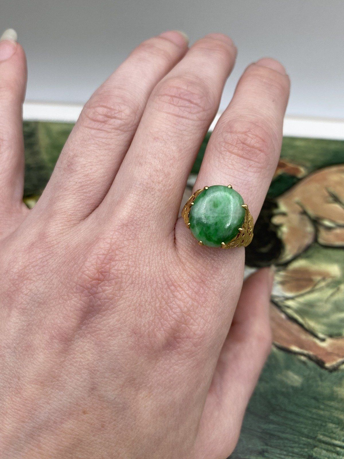 Antique 22k Gold Natural Jade Ring w Fauna Shoulders #2804 8