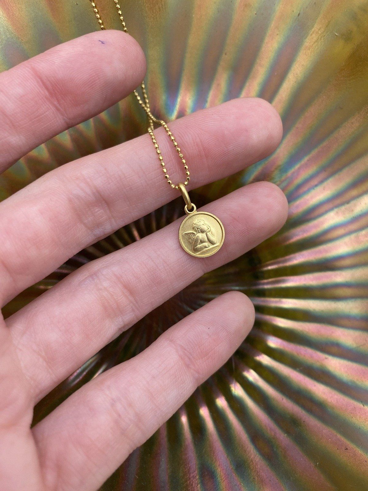 Fun 14k Gold Matte Brushed Cherub Coin 15L Drop Necklace w Briolette Ball Chain 2