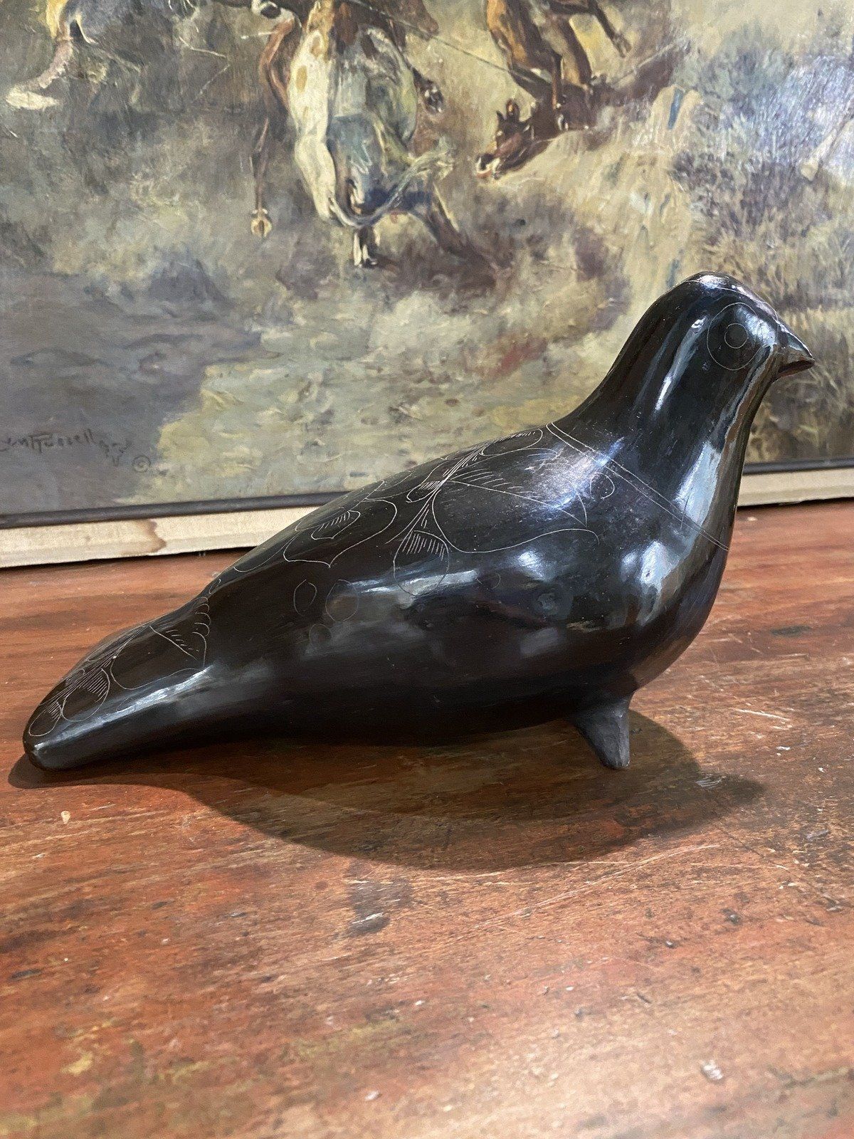 XL Signed Black Ceramic Clay Mexico Pottery Bird