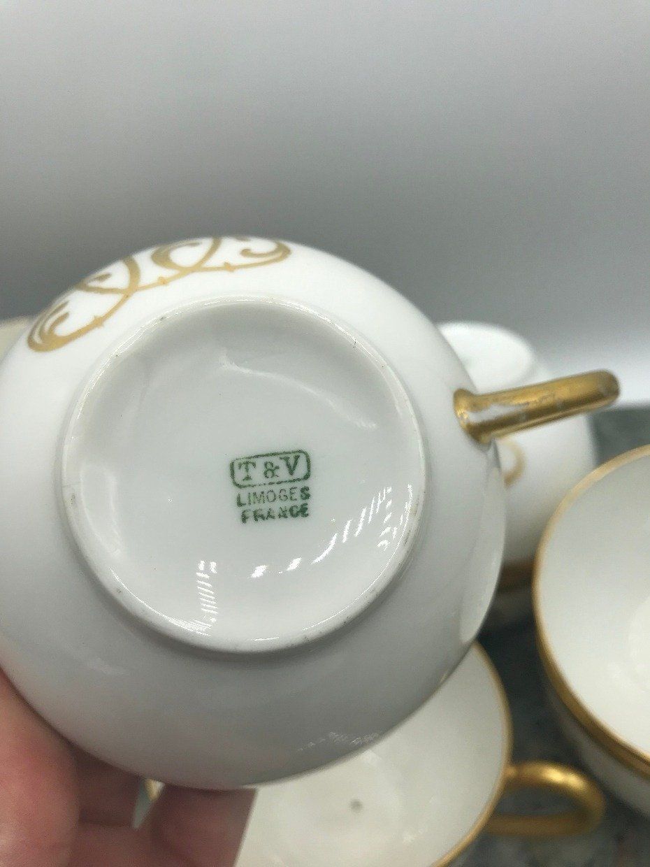 Regal Atq. Limoges Bone + Gold Rim Teacup & Saucer *SET* w Gold English Scripted Monogram 5