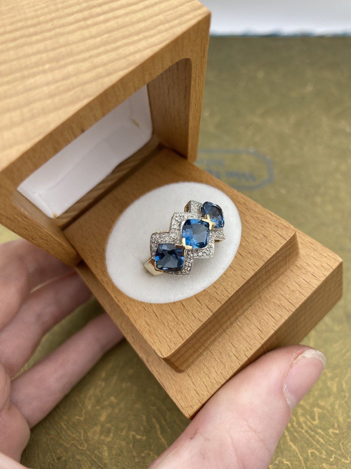 14k Gold Blue Tourmaline + Diamond Cushion Trio Ring 2