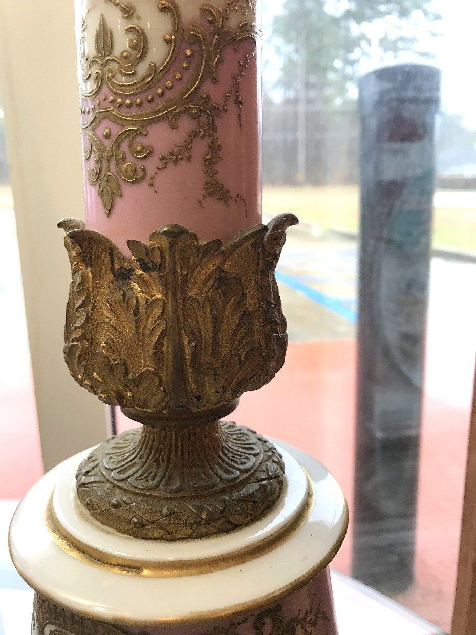 Sevres Oil Banquet Lamp w/ Cherubs & Instruments 19th Century #477 4