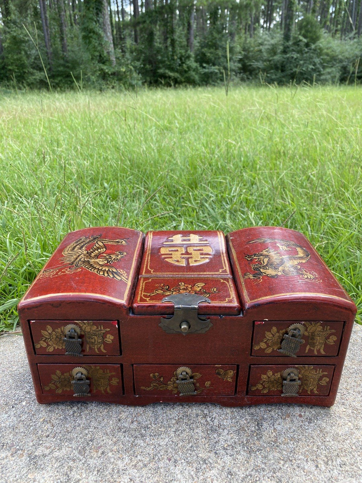 Chinese Red Lacquered Dressing Mirrored Jewelry Box 255 4