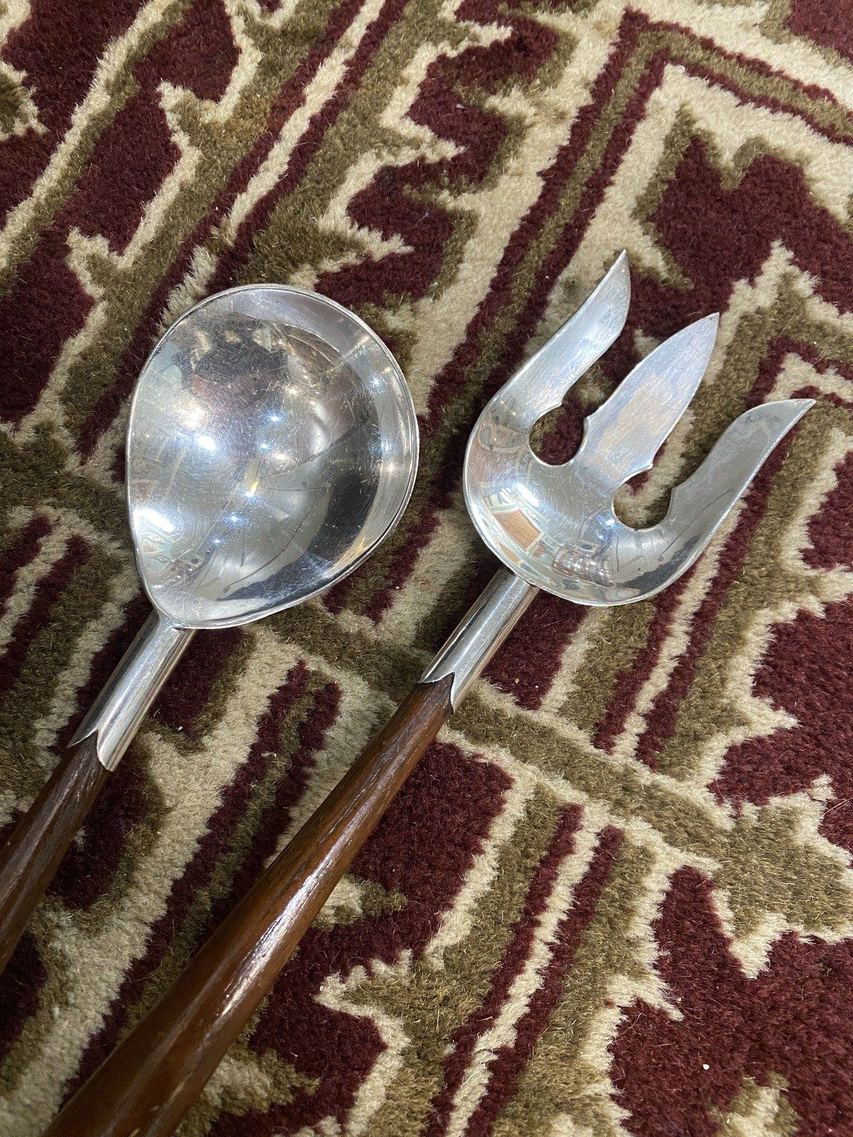 Pair of Primitive Wood Handle + Sterling Silver Salad Serving Utensils 3