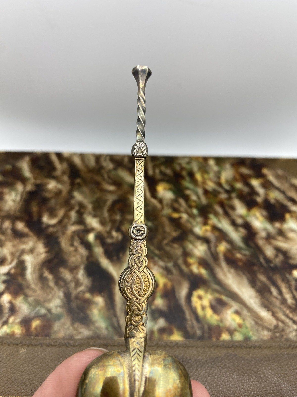 Edwardian c.1910s English Ornate Gilt Sterling Silver Anointing Spoon 8