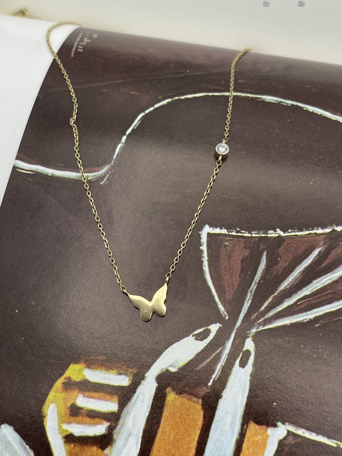 14k Butterfly Necklace w Small Bezel Set Diamond Chain Detail 16L 6