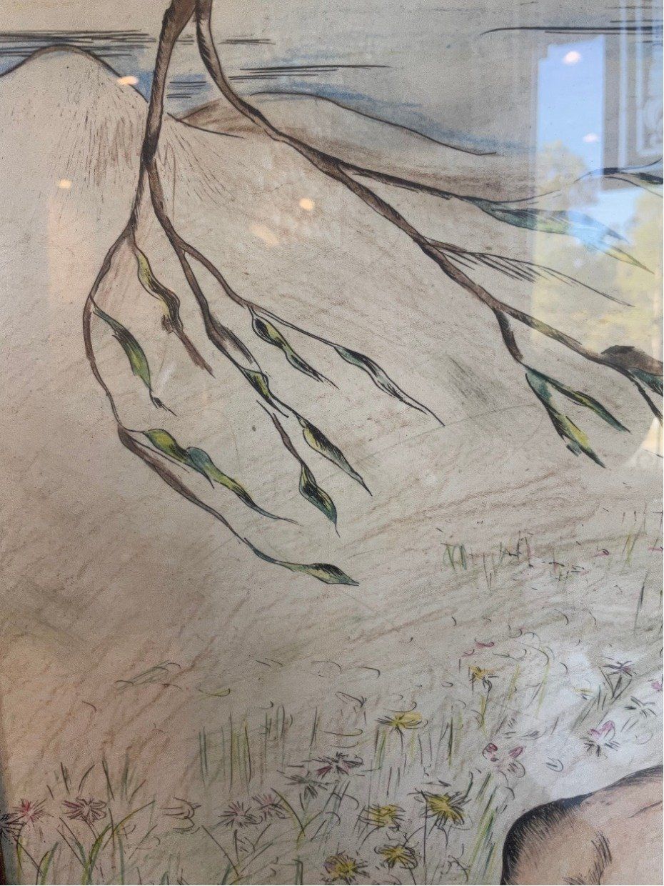 Signed c.1930s/40s Pastel + Ink Pastoral Romantic Drawing (28x22) 3