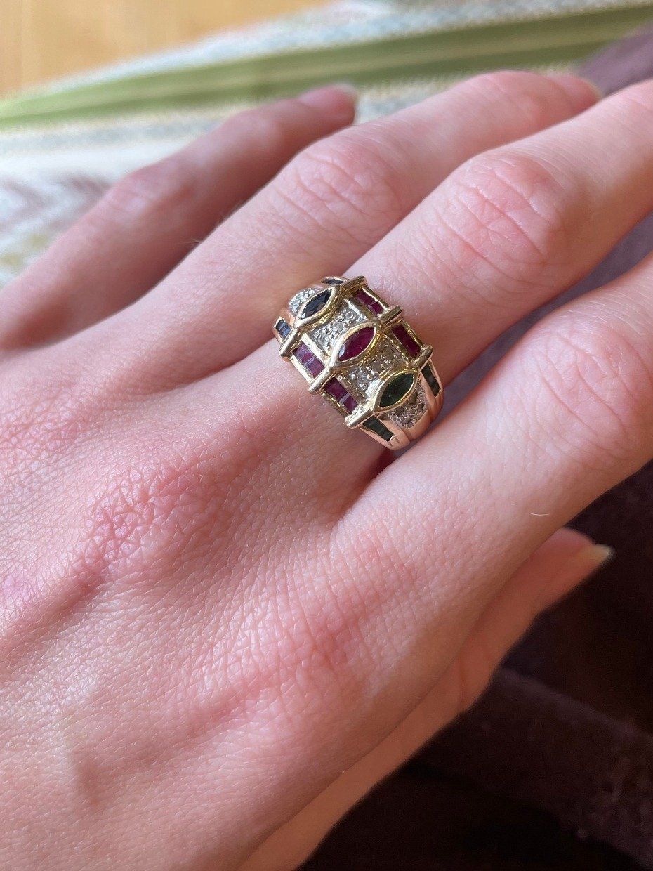 Gorgeous 14k Gold Ruby + Emerald + Sapphire + Diamond Cuff Ring Band 5