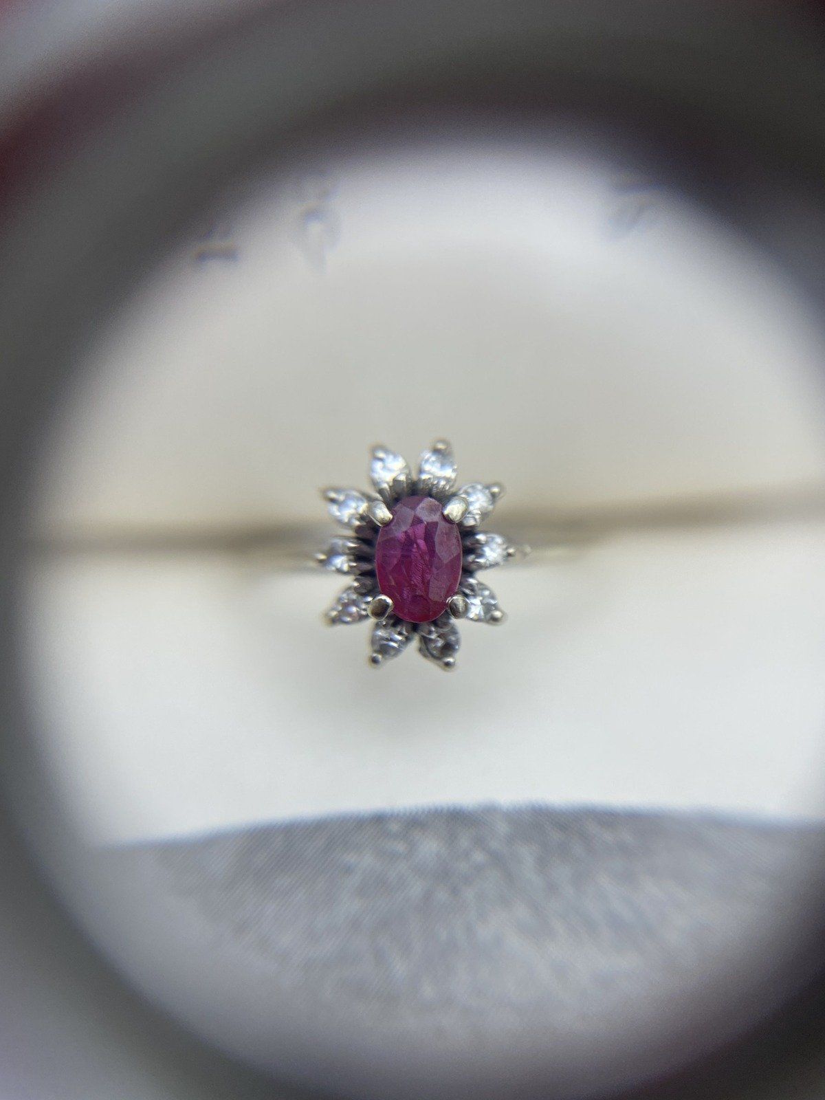 Antique 14k White Gold Oval Ruby + Diamond Flower Solitaire Ring 4