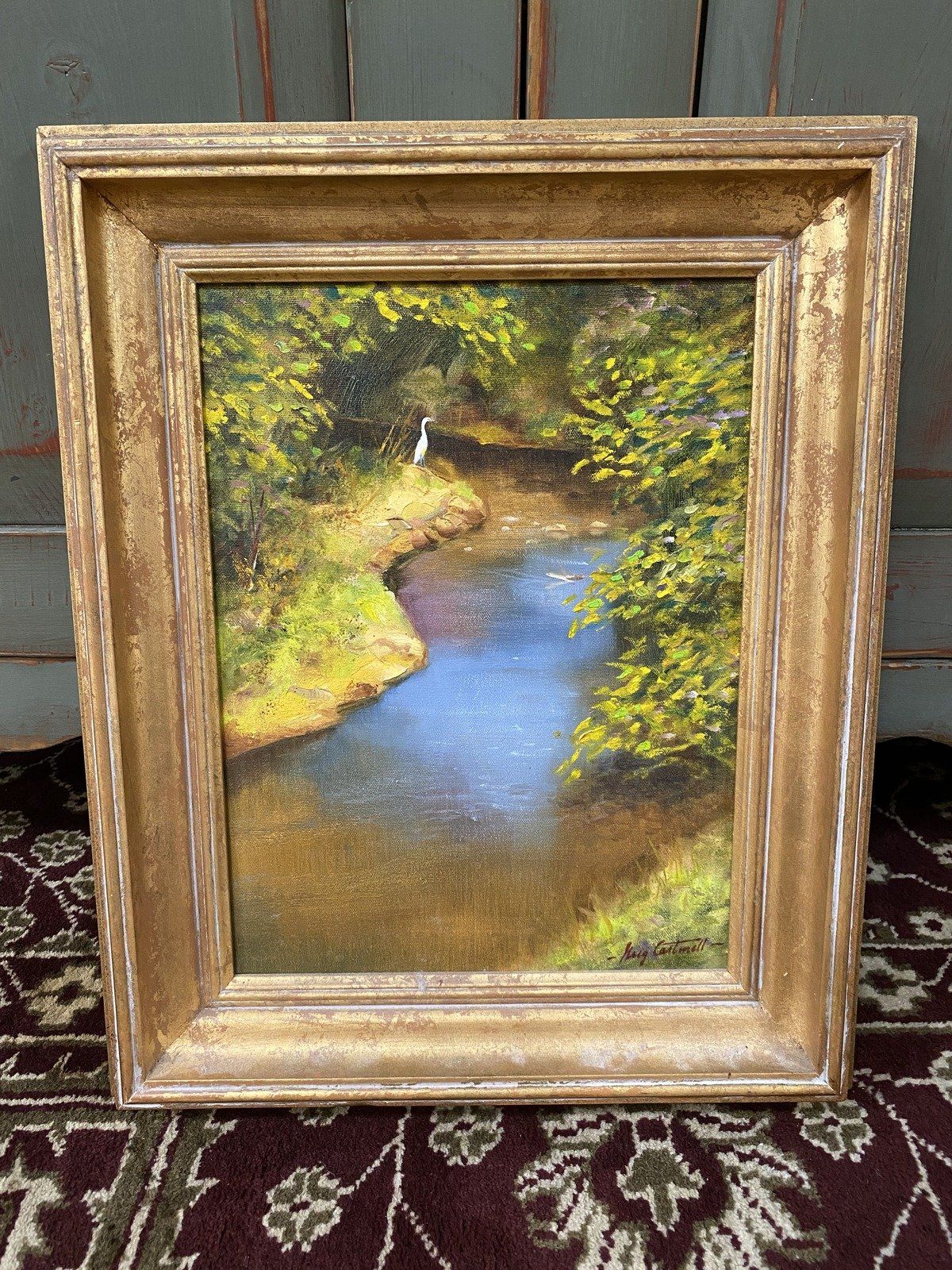 MS Artist Signed Original Greg Cartmell Impressionistic Stream w Heron Framed 22x18 Oil Painting