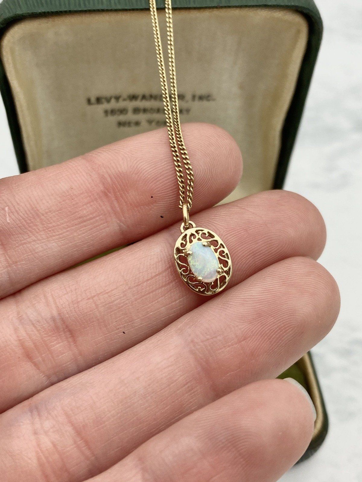 10k Gold Genuine Opal Filigree Set 16L Drop Necklace on 14k Gold Chain 6