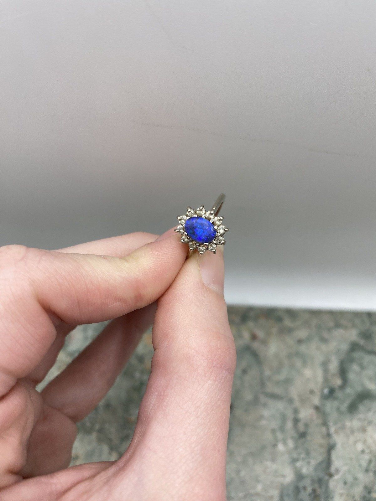Vintage 14k White Gold Black Opal Princess Ring w Diamond 5