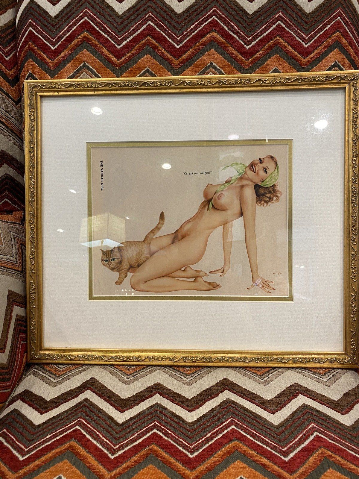Vintage 18x16 Pin Up Erotic The Vargus Cat Girl Nude Print + Gilt Frame