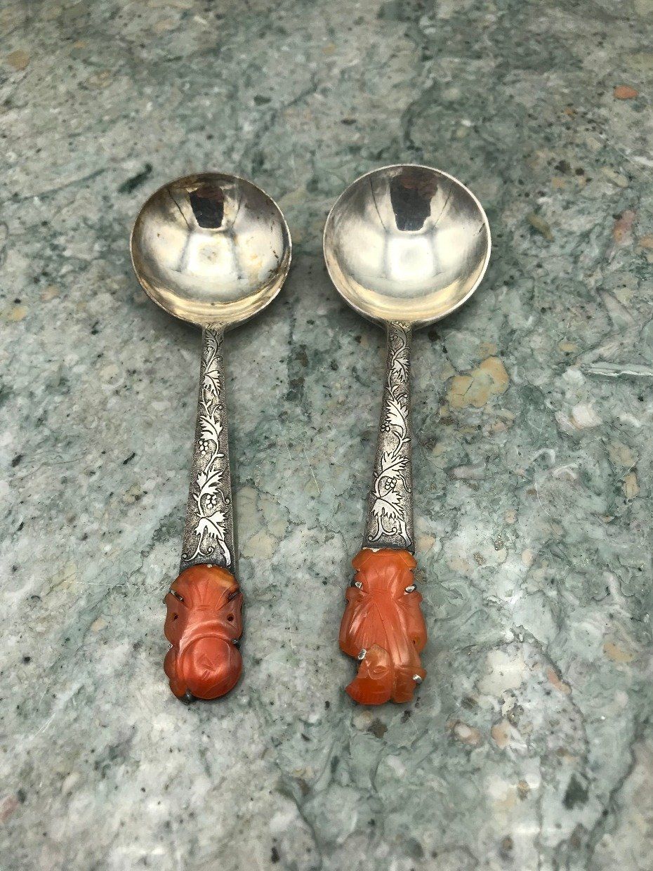 Pair of Vintage c.1940s .900 Chinese Silver Etched Soup Spoons w Carved Carnelian/Agate Figures