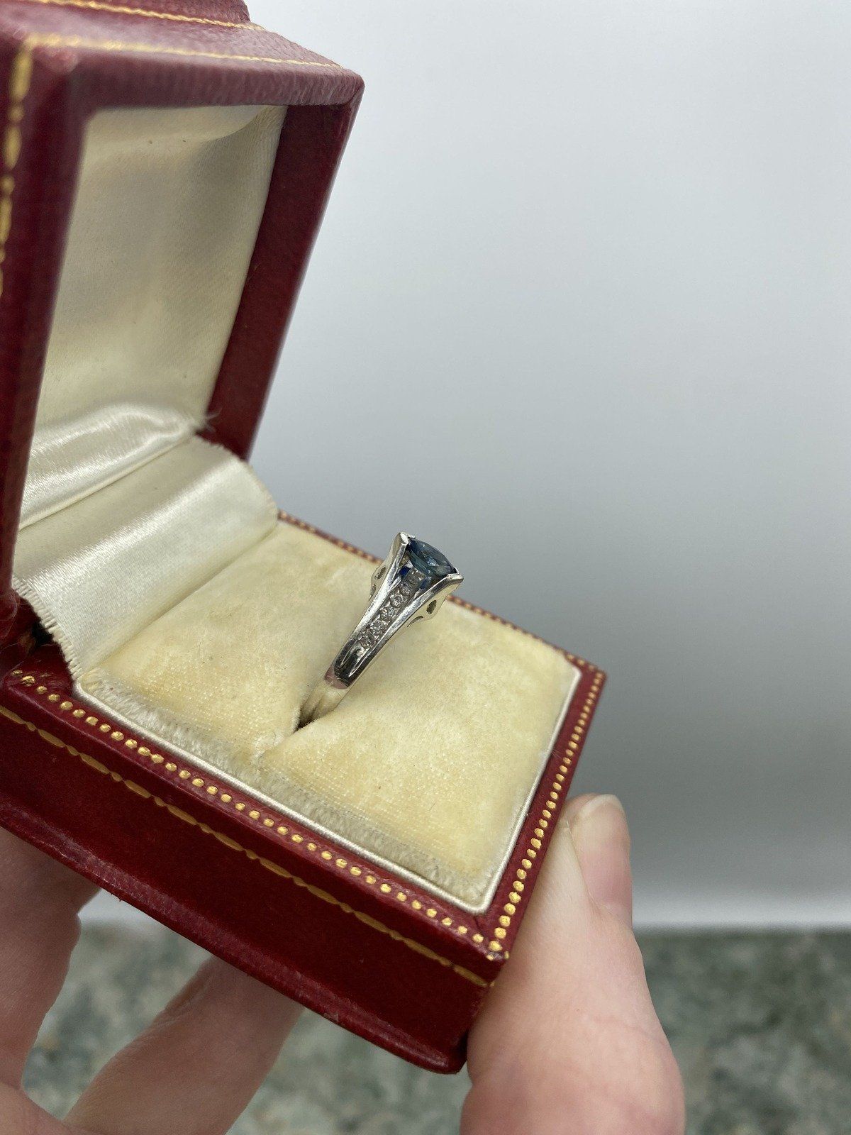 10k White Gold Marquise Blue Sapphire Peaked Ring w Diamond Shoulders 3