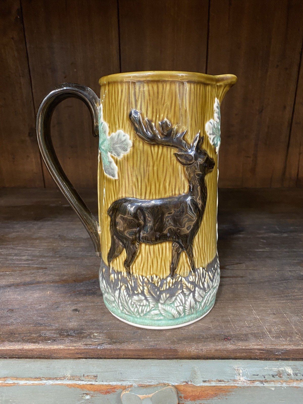 Antique Glazed Ceramic Hunter's Forest Majolica Pitcher 9