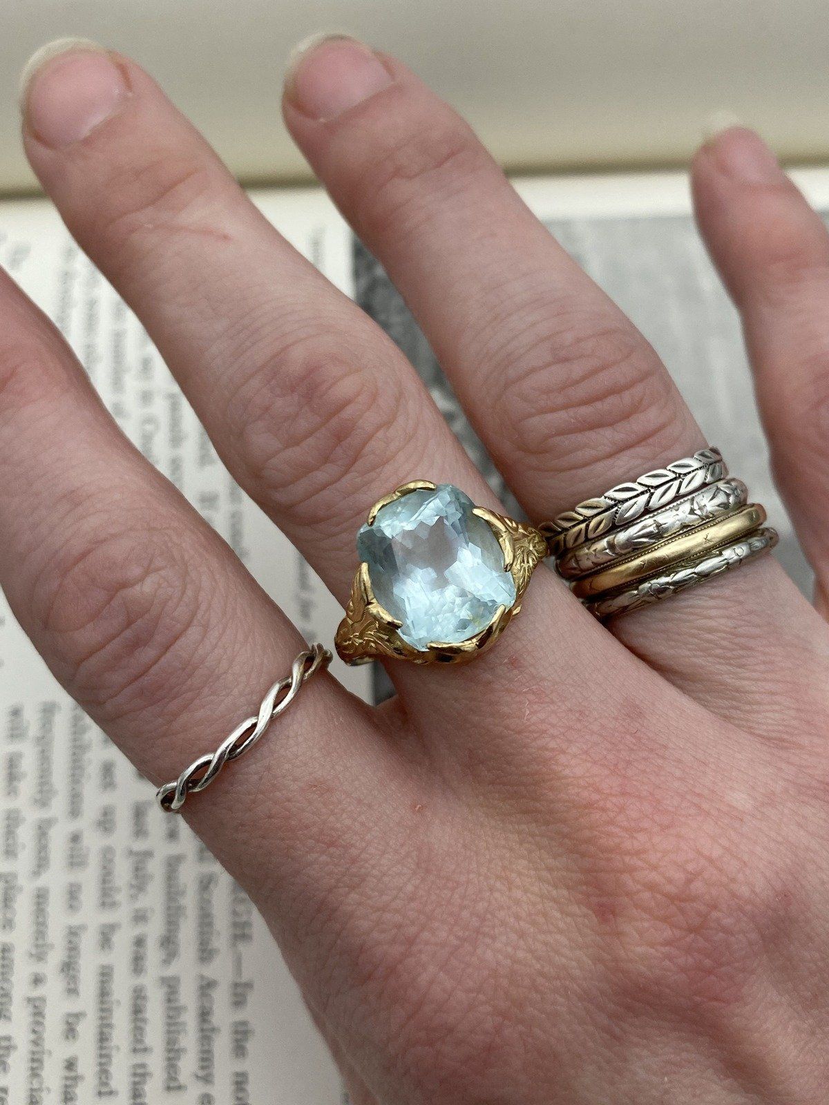 Antique Victorian 14k Gold High Quality Natural Cushion Cut Aquamarine Dress Ring w Carved Shoulder Motif + Lovely Prong Design 15