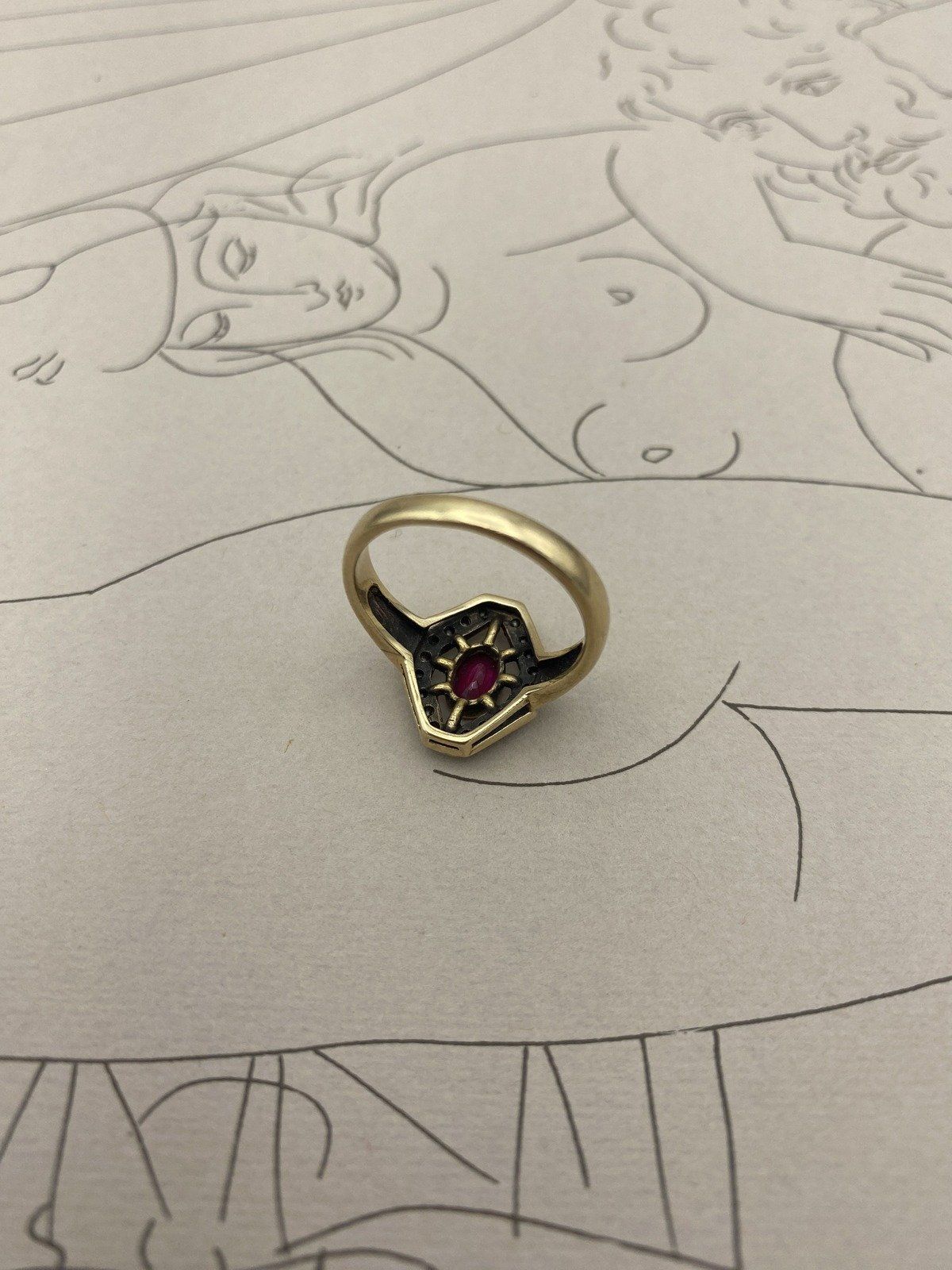 Antique 10k Gold Trapezoid Seed Pearl + Bezel Oval Ruby Navette Ring #2937 3