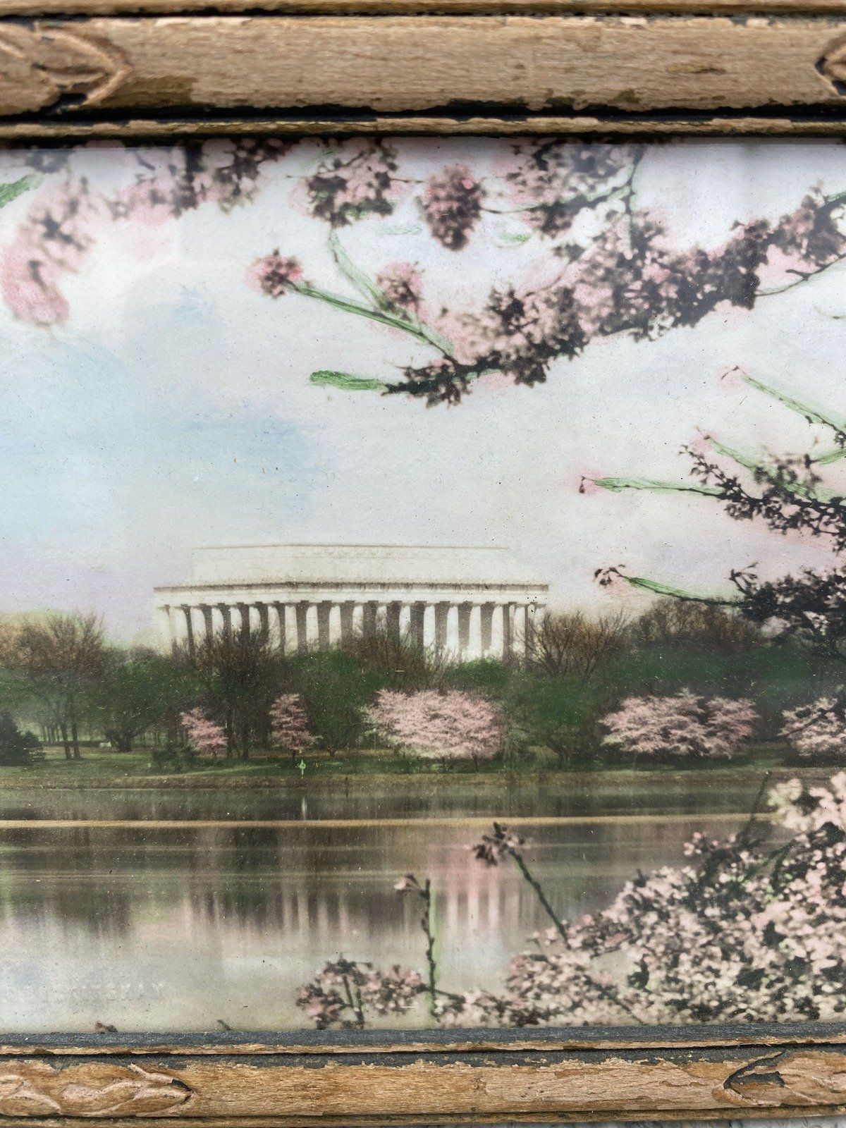 Antique c.1922 Hand Oiled Lincoln Memorial Lithograph 7.5x6.5 7