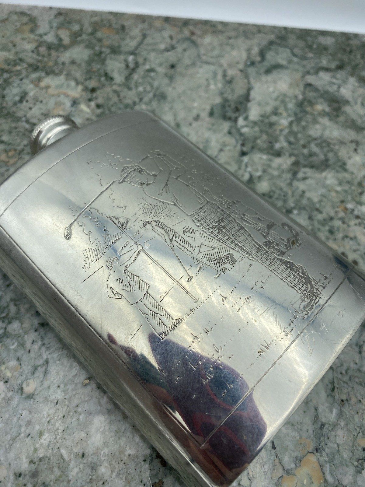 Sheffield Mint England Polished Pewter Golf Scene Flask 4