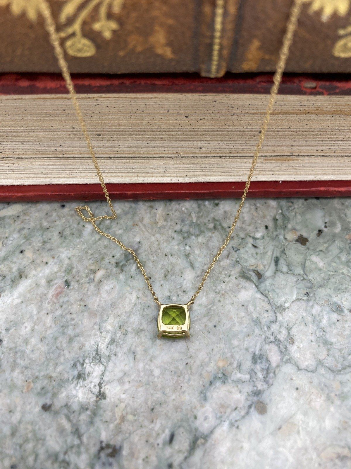 14k Gold Cushion Cut 16L Peridot Drop Necklace 2