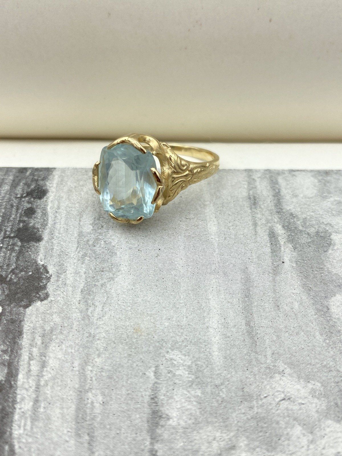 Antique Victorian 14k Gold High Quality Natural Cushion Cut Aquamarine Dress Ring w Carved Shoulder Motif + Lovely Prong Design 12