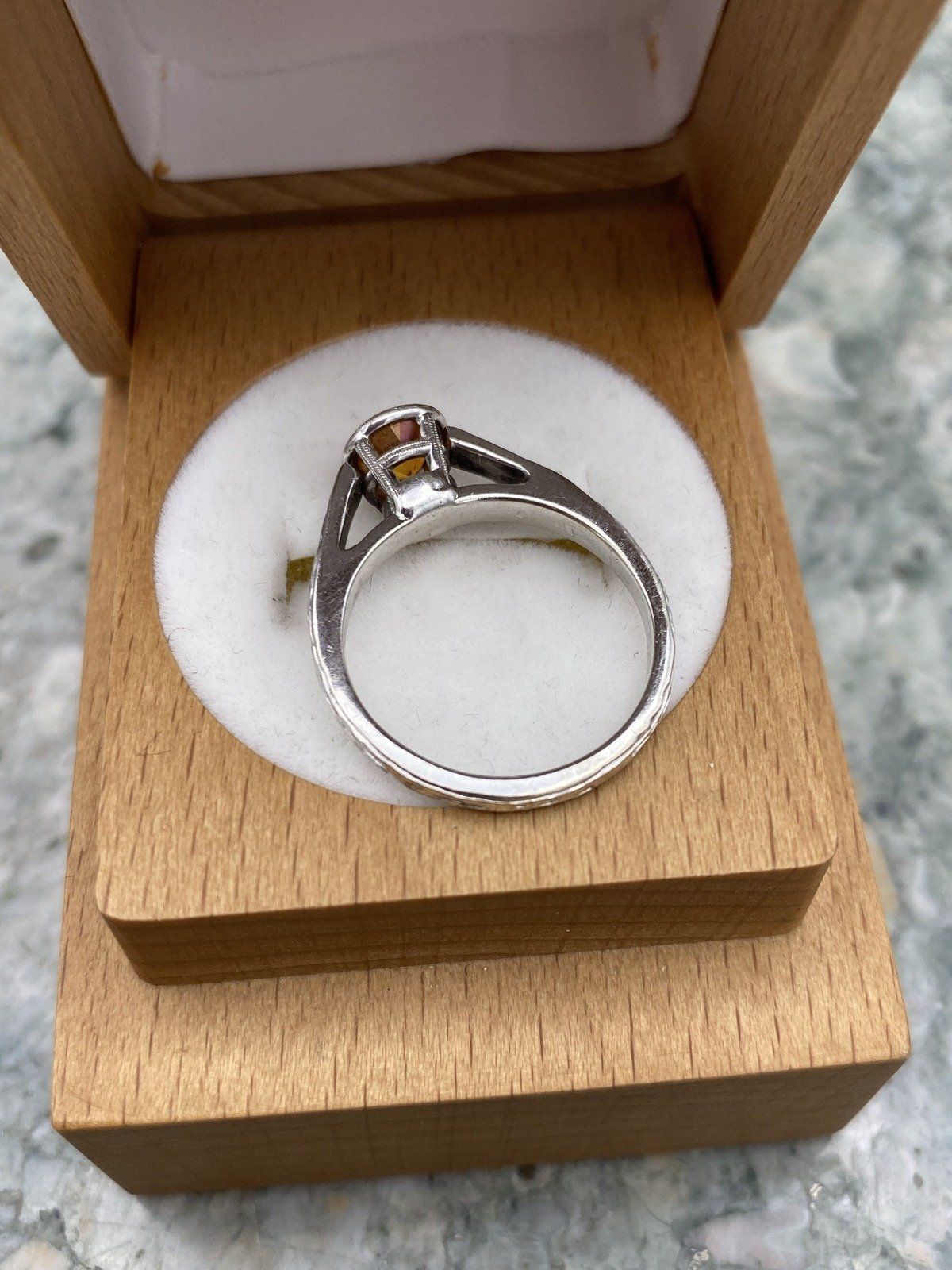 Spessartine Orange Garnet 14k White Gold Bezel Set Ring w Carved Band 7