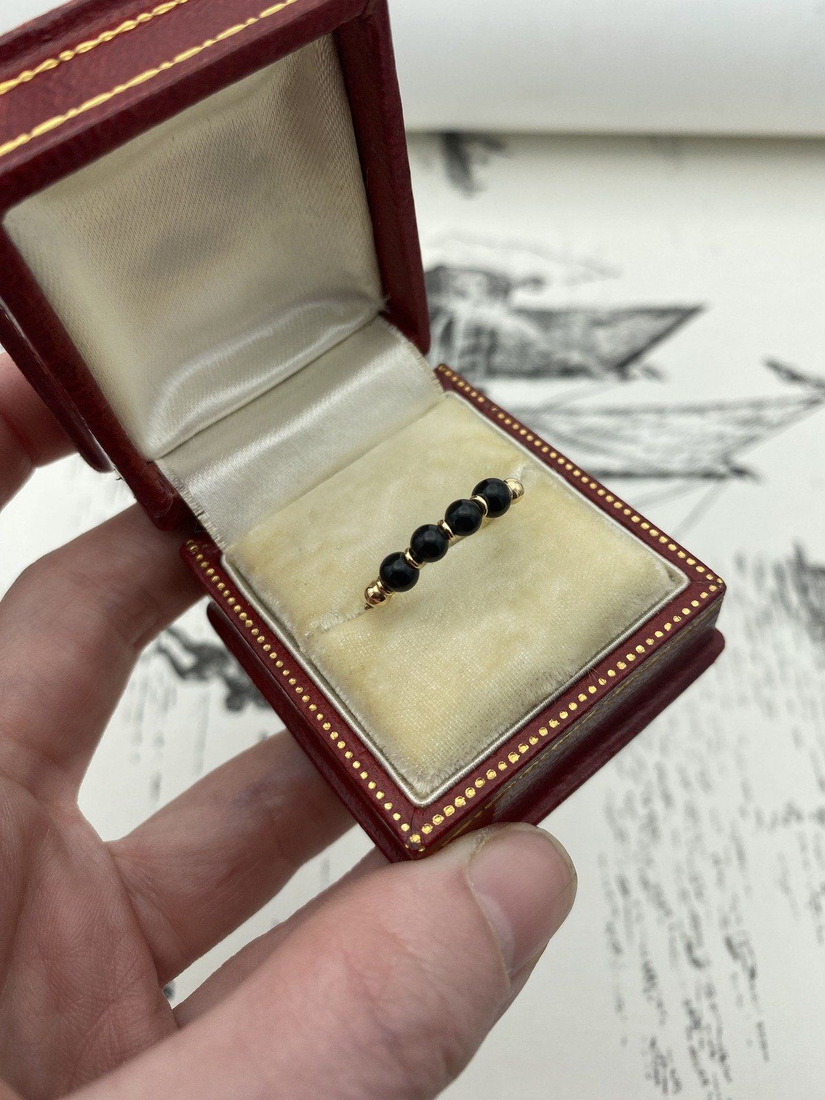 Vintage 14k Gold Spherical Onyx Bead Ring Band #2218 3